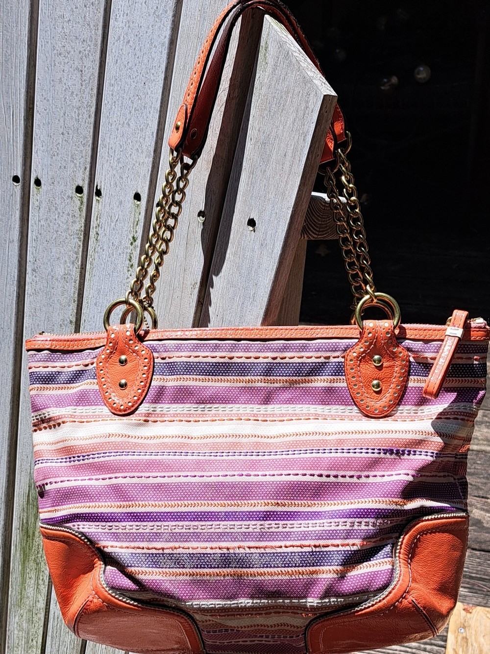 Coach Y2K Striped Pink, Orange & Purple Shoulder Bag with Gold Chain. - Picture 3 of 7